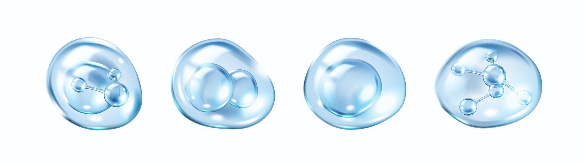 Blue collagen molecules inside liquid bubbles realistic color icons set. Cosmetics and skincare products 3d objects bundle on white vector