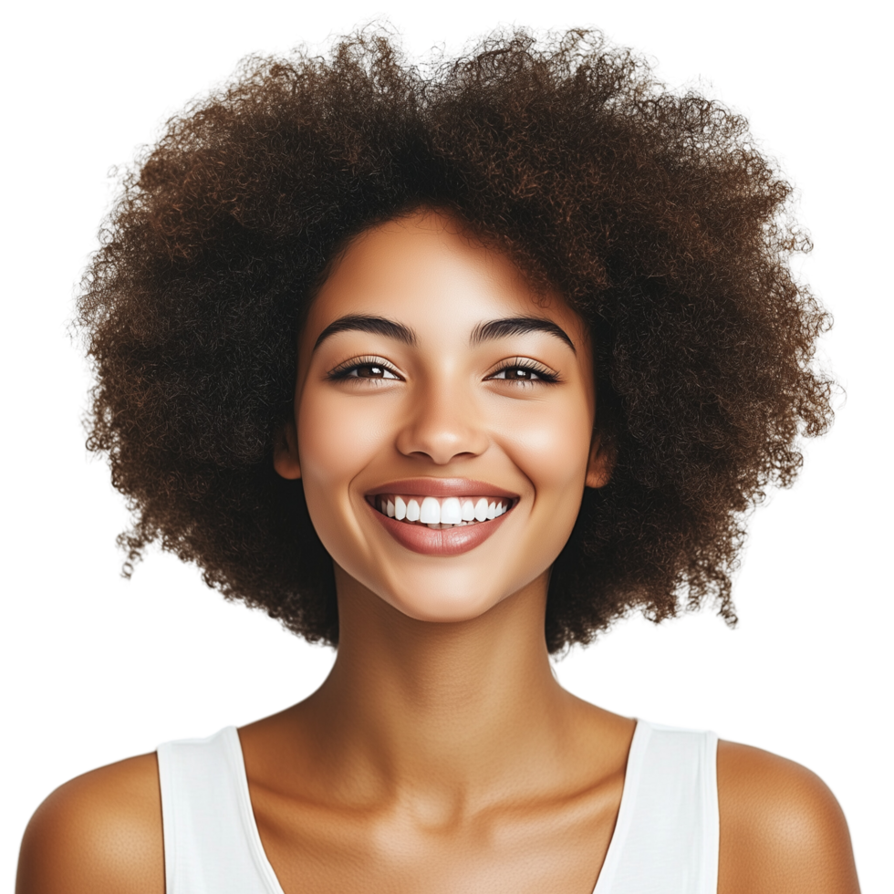 A cheerful 3D portrait of a woman with a beaming afro smile Isolated on transparent Background png