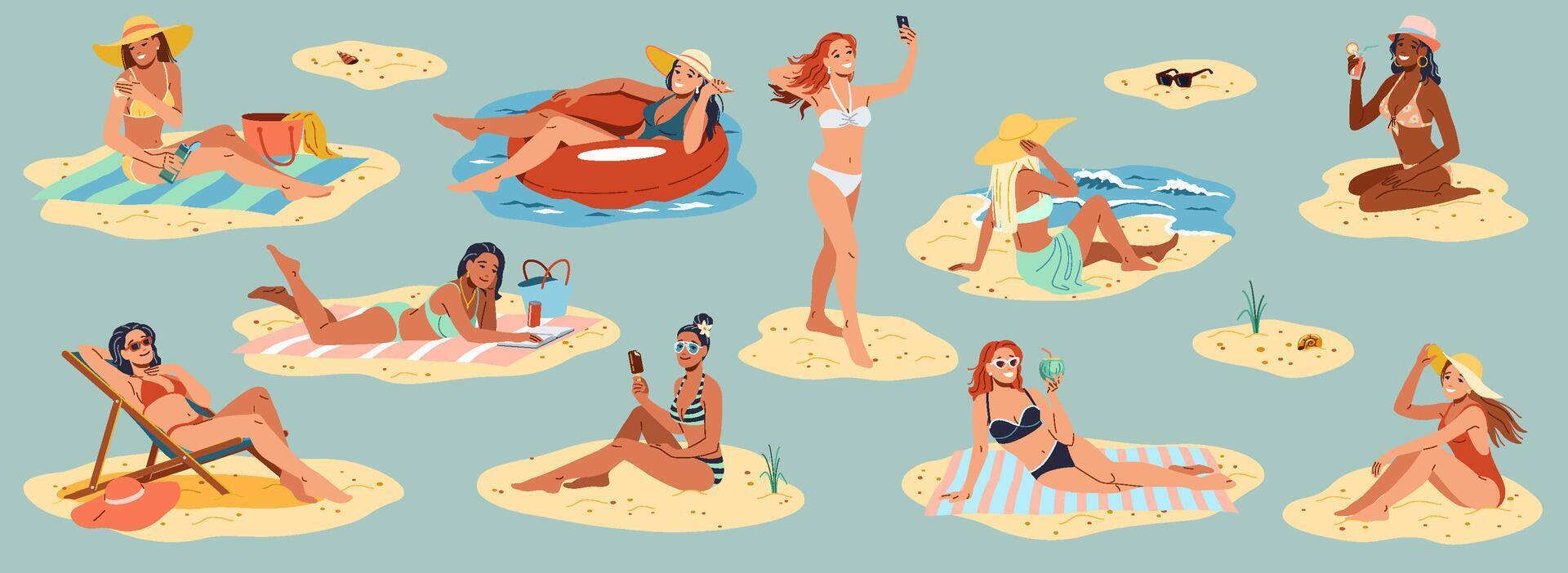 Illustration of diverse women enjoying leisure time on small sandy islands relaxing with drinks and phones showcasing summer fashion and joy in sunny weather. vector