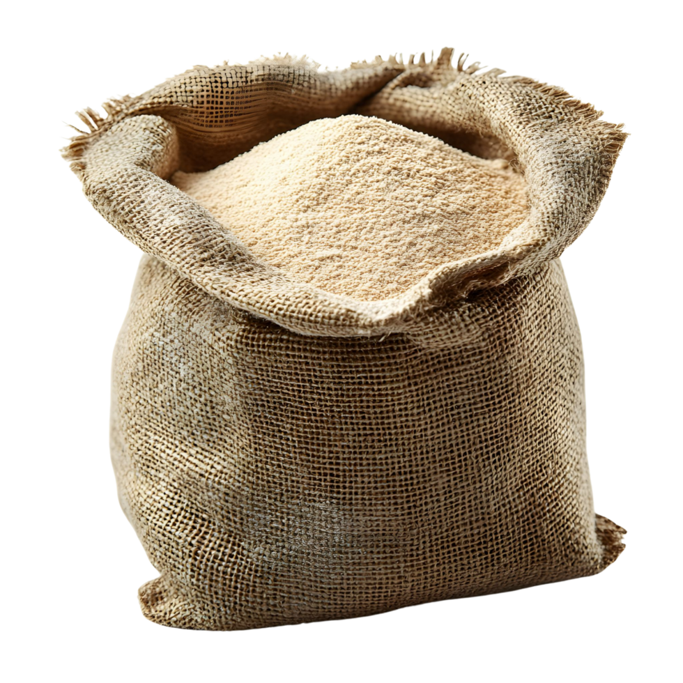 Close-up of a burlap sack filled with wheat flour showing fabric texture and fine grains Isolated on transparent Background png