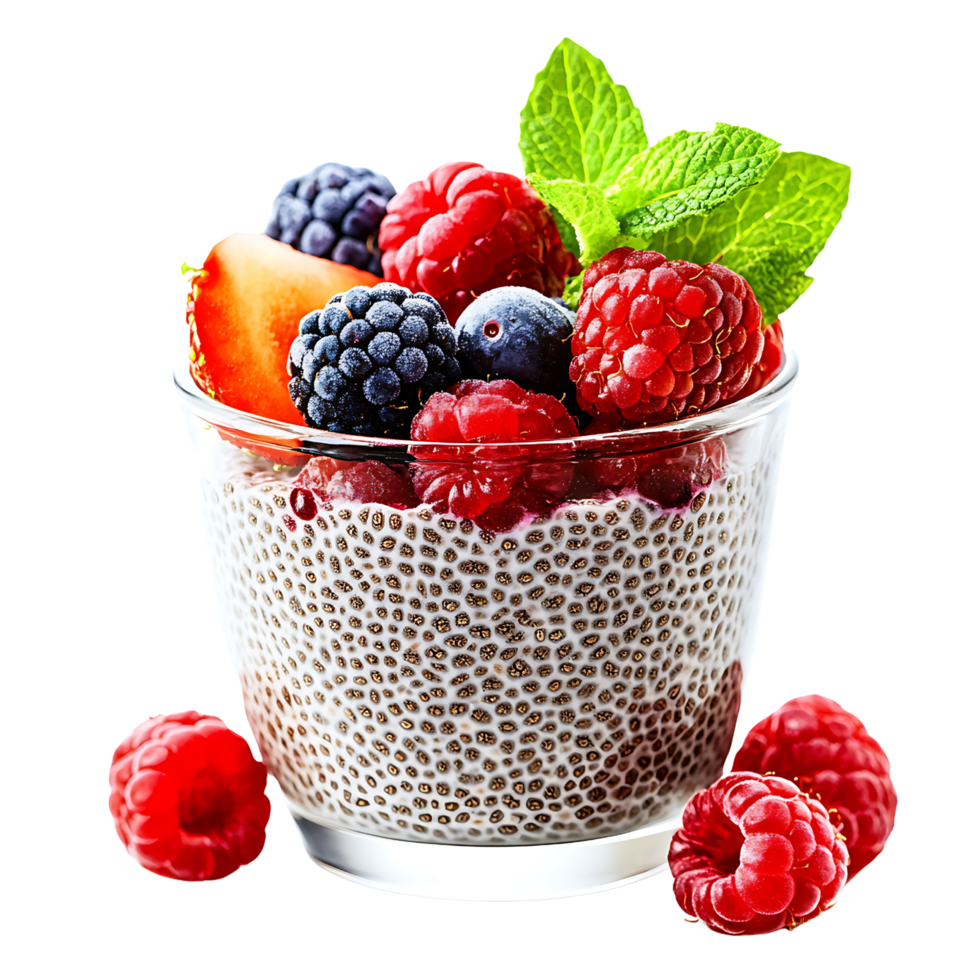 Healthy chia dessert cup topped with berries and mint leaf in close view Isolated on transparent Background png