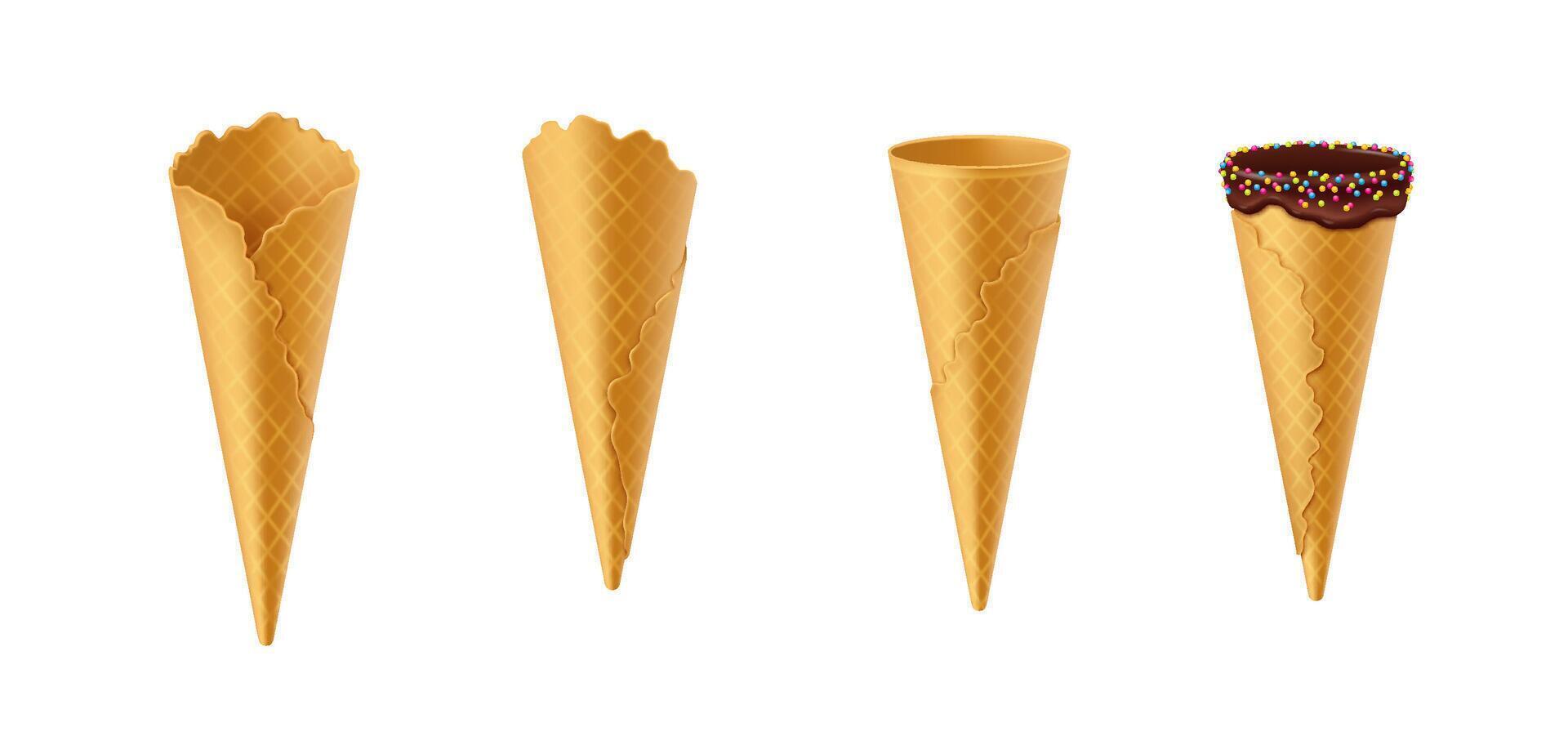 Image displays four distinct ice cream cones two plain cones, one with a smooth edge and one with chocolate and sprinkles decoration. Each cone showcases unique design details. vector