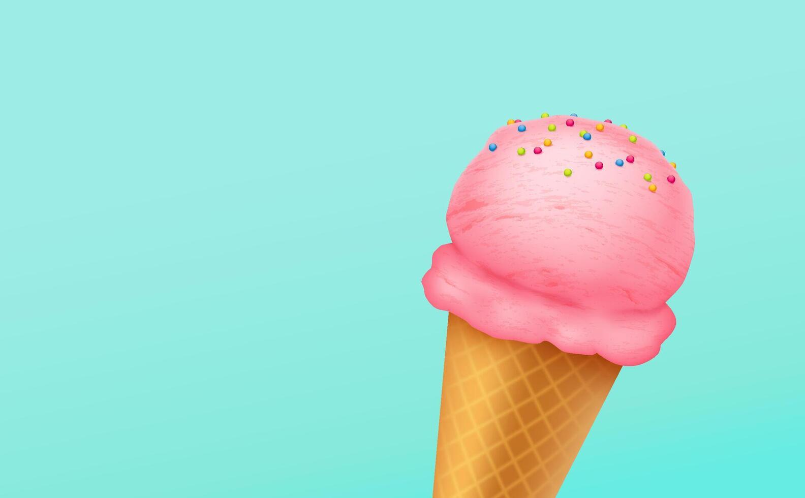 Illustration of a pink ice cream scoop with colorful sprinkles on a waffle cone against a light blue background representing a sweet refreshing treat vector