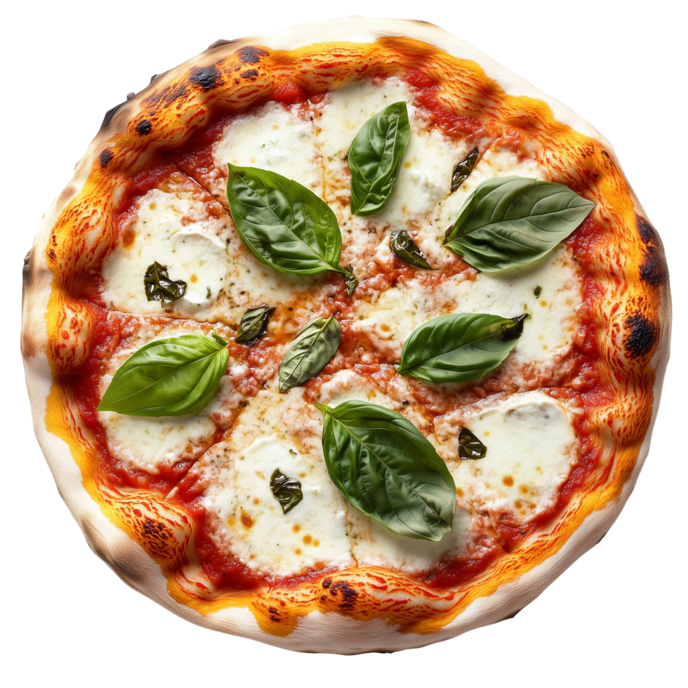 A classic Margherita pizza with mozzarella and basil leaves, Isolated on transparent Background png