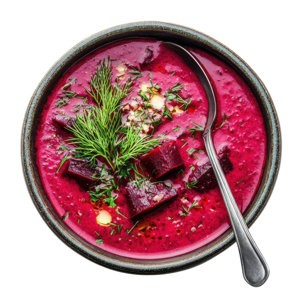 A bowl of beetroot soup with fresh dill and spoon presented in elegant style Isolated on transparent Background png