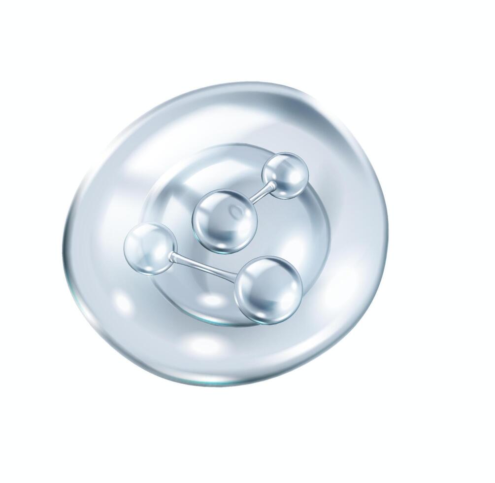 Silver collagen molecules inside bubble realistic illustration. Innovative cosmetic product 3d object on white background vector