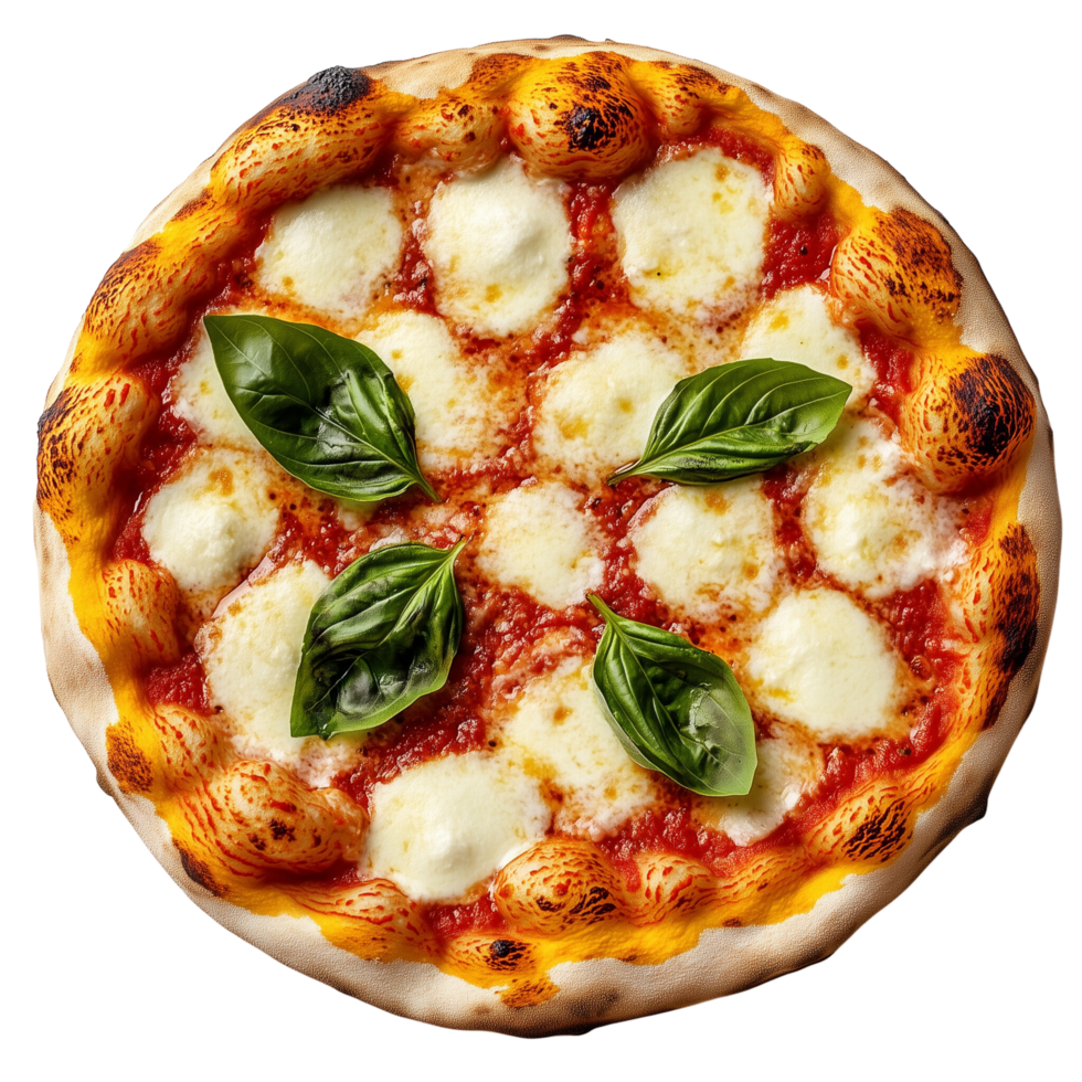 A classic Margherita pizza featuring melted mozzarella and basil leaves, Isolated on transparent Background png