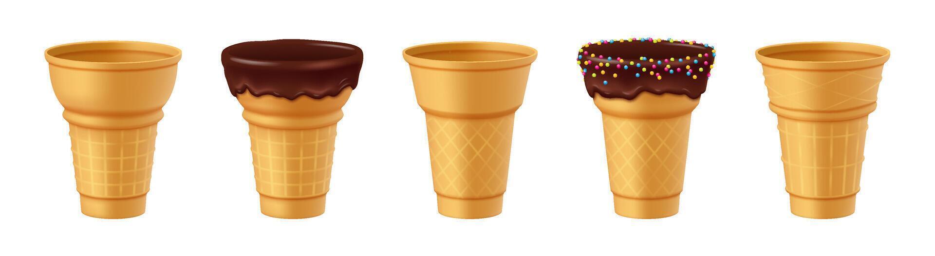 Illustration of ice cream cones including plain, chocolate topped, and sprinkled versions. These cones showcase different toppings highlighting their diverse styles for desserts. vector