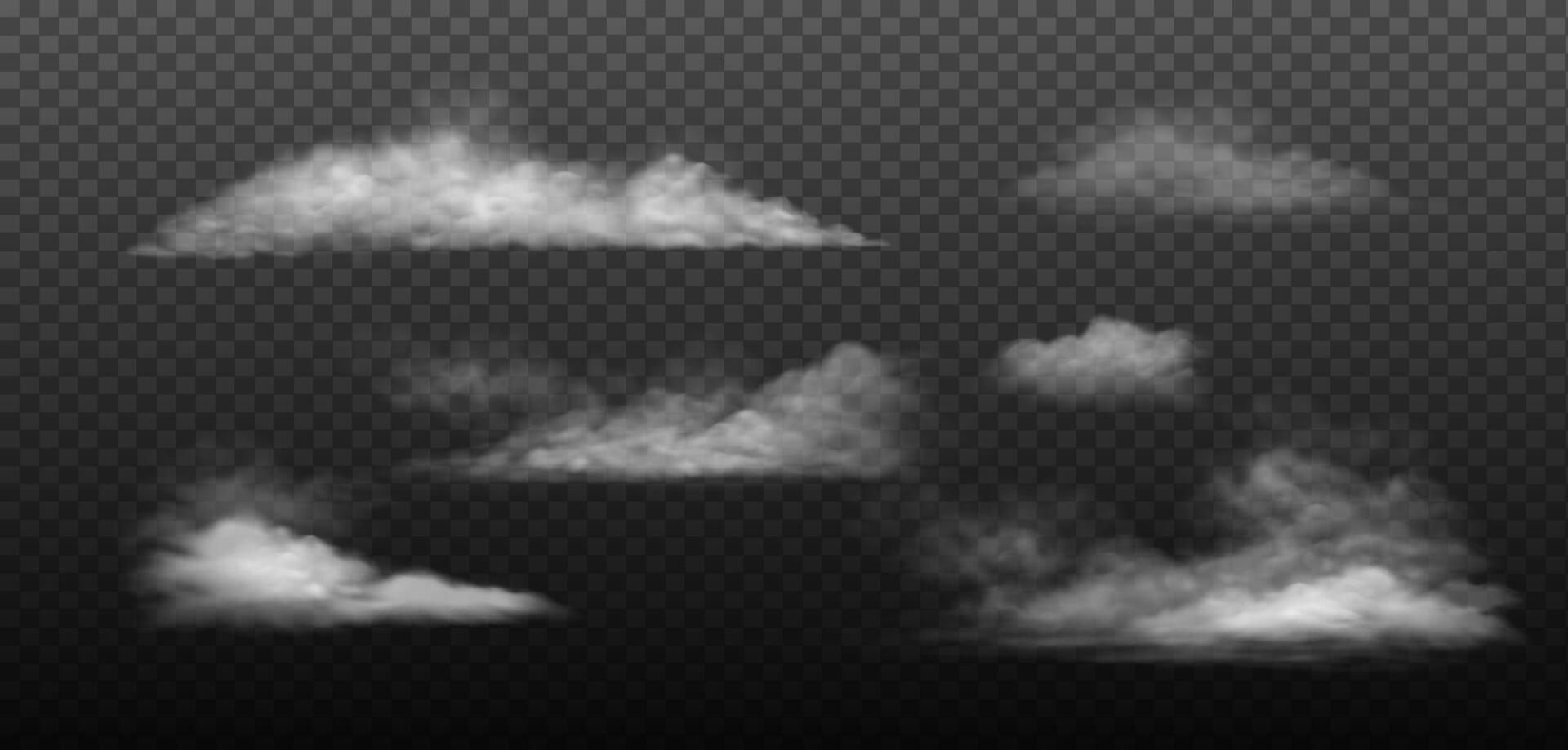 Collection of realistic clouds, white and fluffy on backdrop, useful for graphic design projects. Each cloud has unique shape and texture providing versatility in compositions. vector
