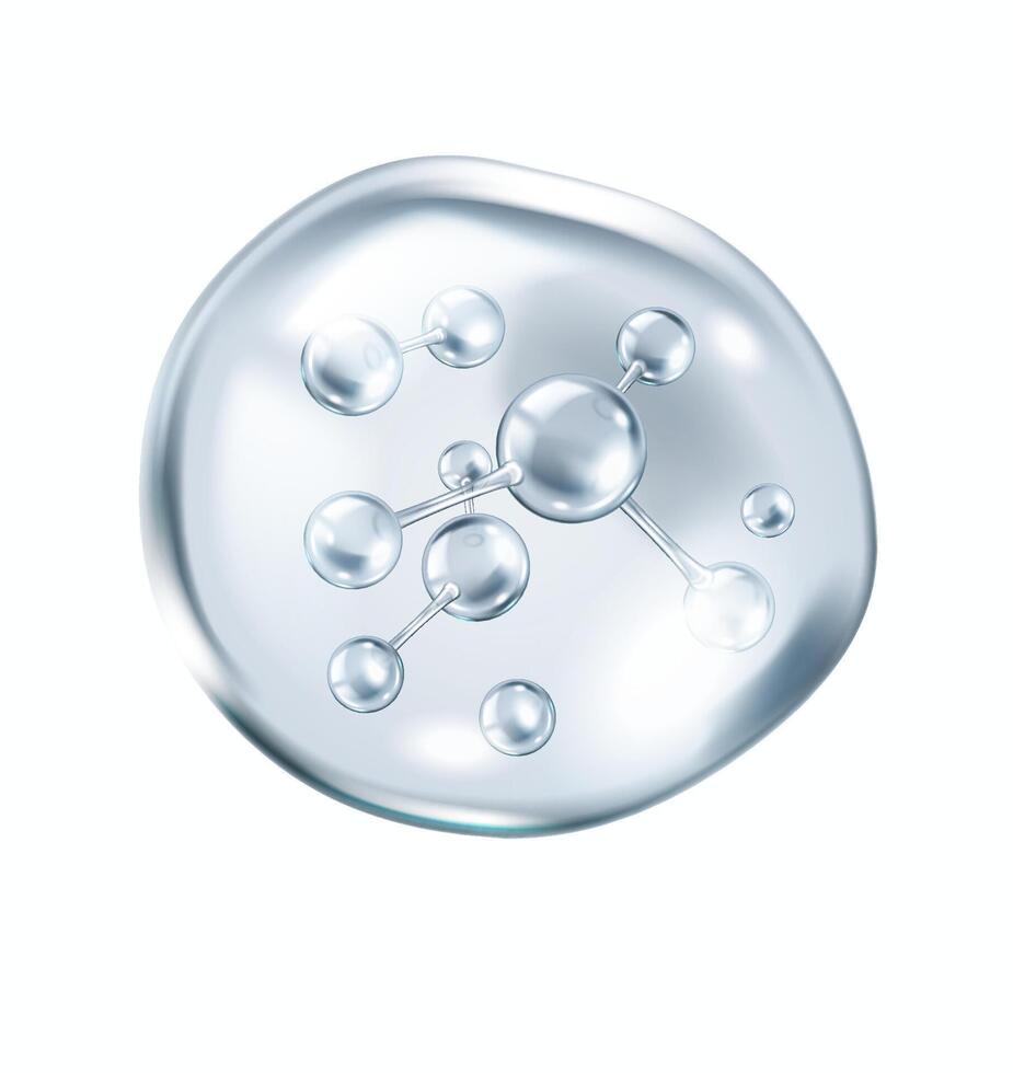 Silver collagen molecules floating inside gel bubble realistic illustration. Luxury skincare treatment 3d object on white background vector