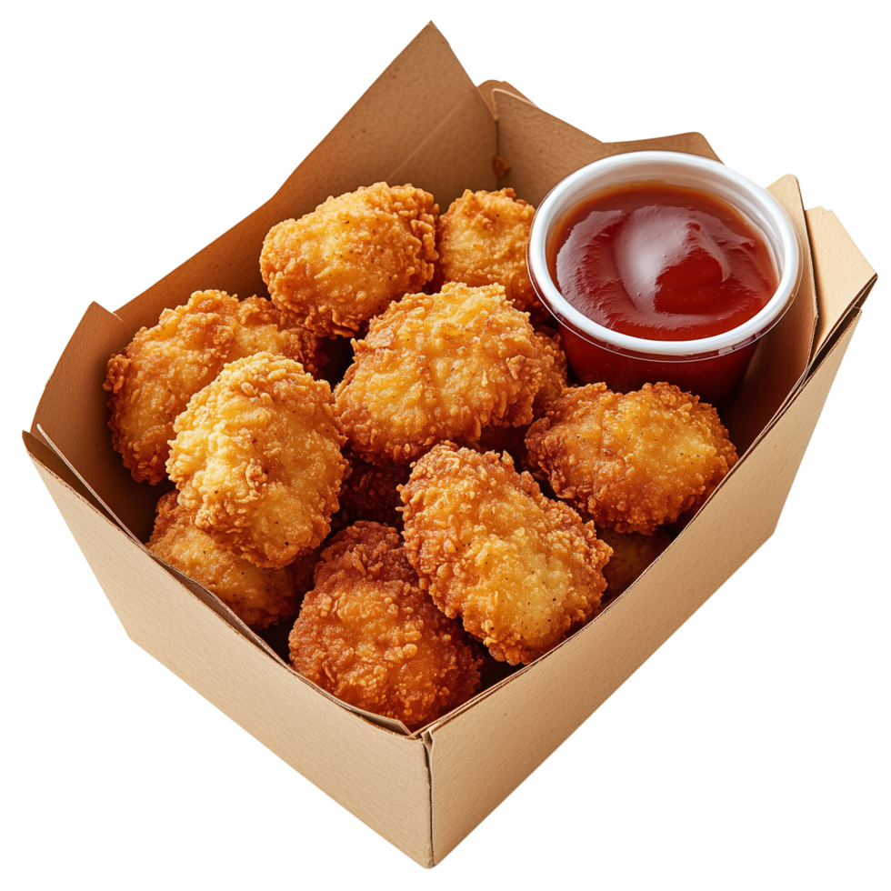 A box of golden chicken nuggets with dipping sauce in packaging Isolated on transparent Background png