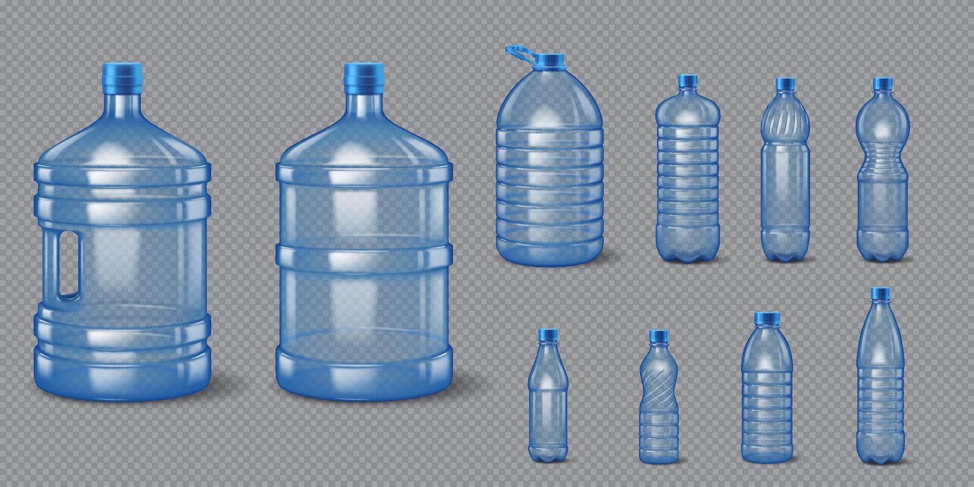 Set of plastic bottles in different sizes and shapes suitable for storing various liquids. Includes large water dispensers and smaller portable bottles. vector