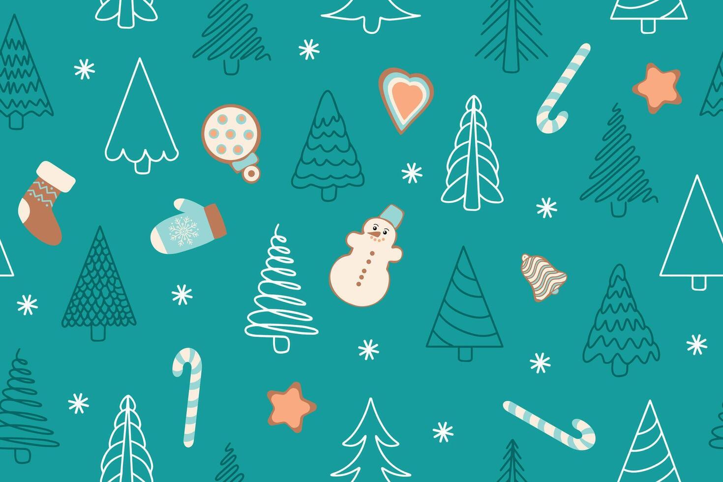 Seamless pattern of Christmas trees and various festive elements in doodle style on a blue background. Suitable for invitations, wrapping paper, fabric, textile. vector