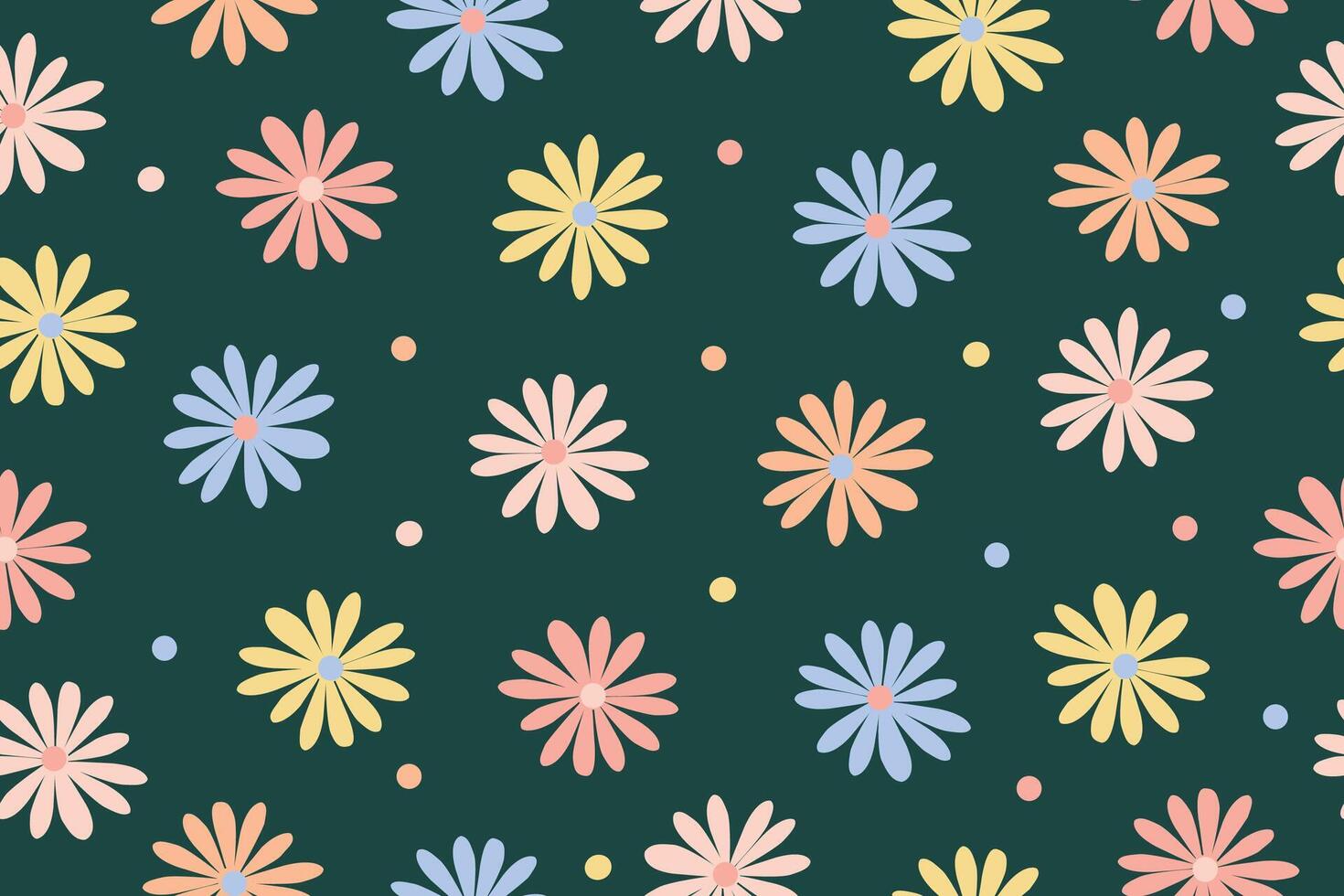Bright seamless pattern of chamomile flowers. design for background, textile, stationery, wrapping paper, cover. Beautiful flowers on a green background. vector