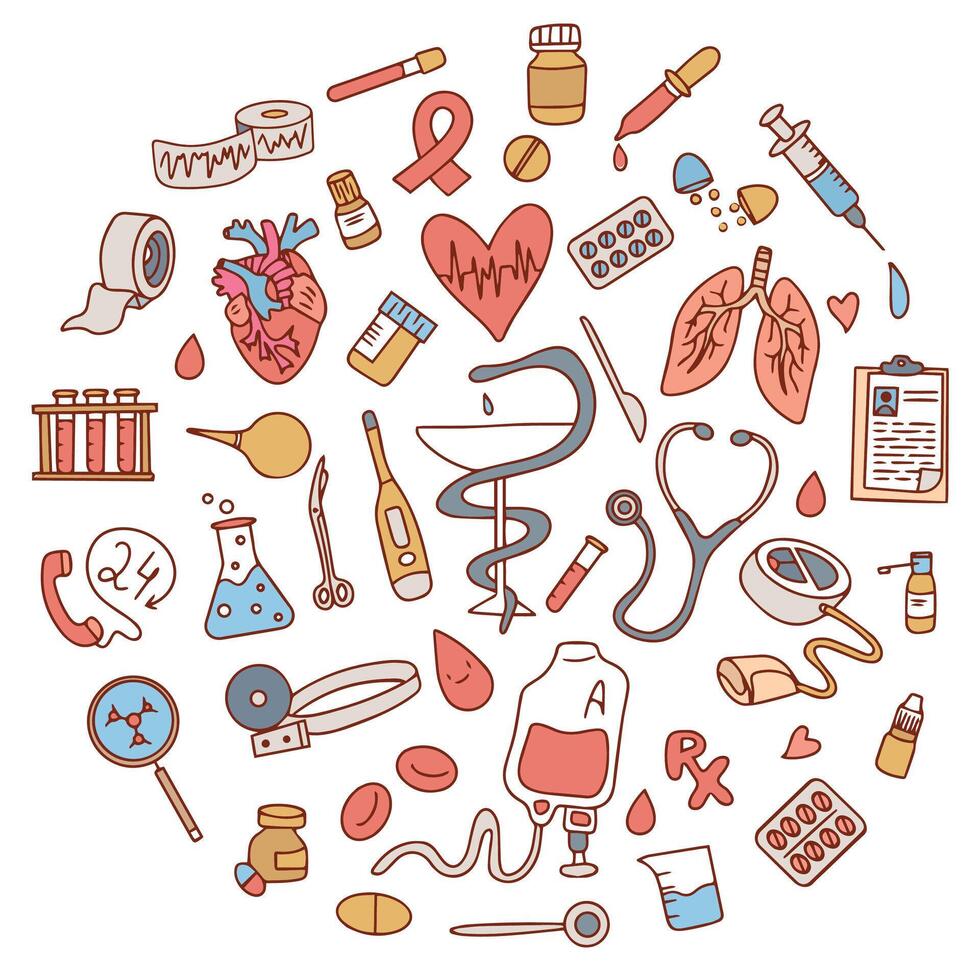 Hand drawn set of nurse and medical supplies icons in doodle style. Hand drawn Medicines, medical products and devices. vector