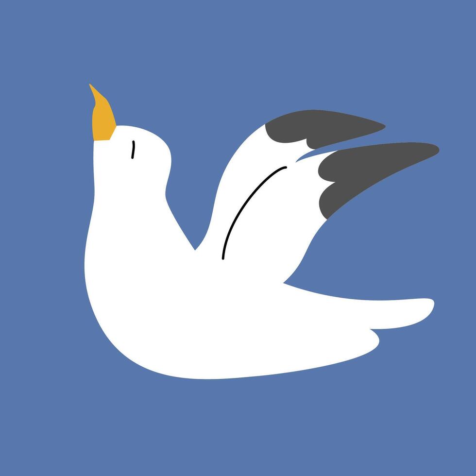 Flying seagull, cartoon sea and ocean bird. Free seaside flight of cute albatross with white and black wings on blue background. vector