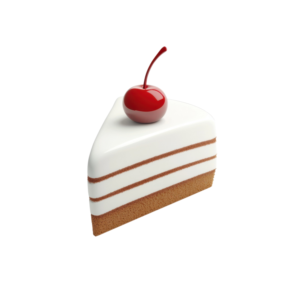 Cartoon slice of cake in 3D style with cherry garnish on top Isolated on transparent Background png