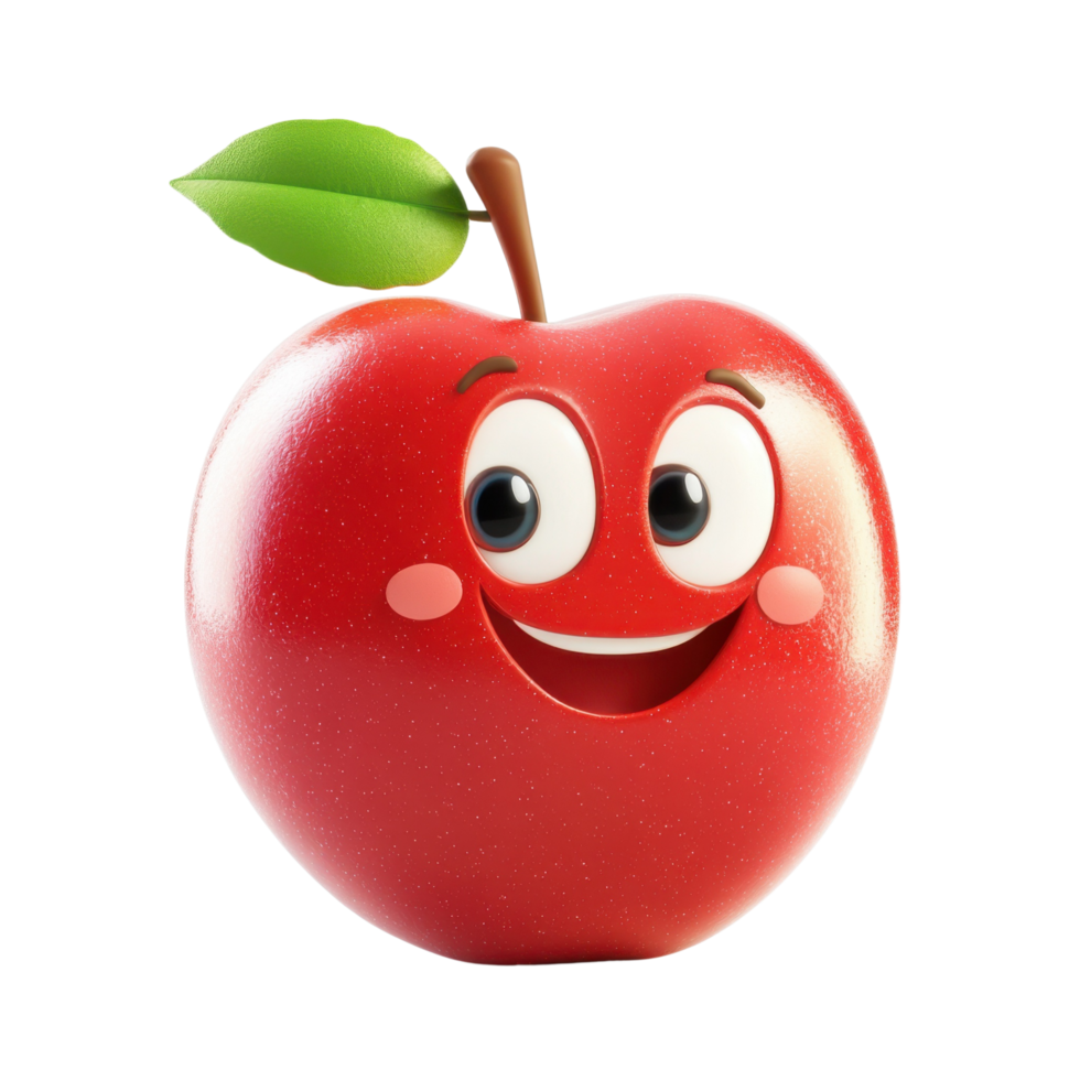 3D cartoon apple illustration with a happy face and leaf accent Isolated on transparent Background png