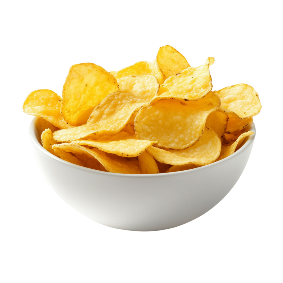 A bowl of golden crispy potato chips, isolated on transparent Background png