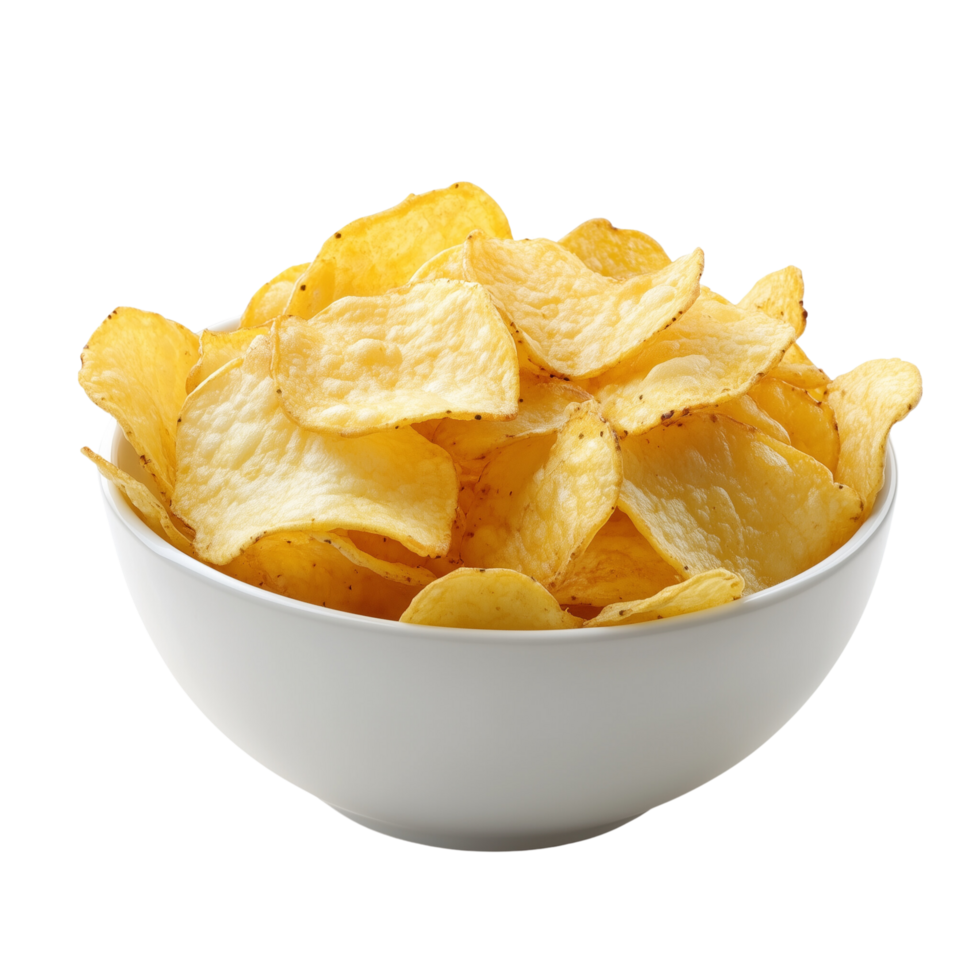 A bowl of golden potato chips with a crispy texture, isolated on transparent Background png