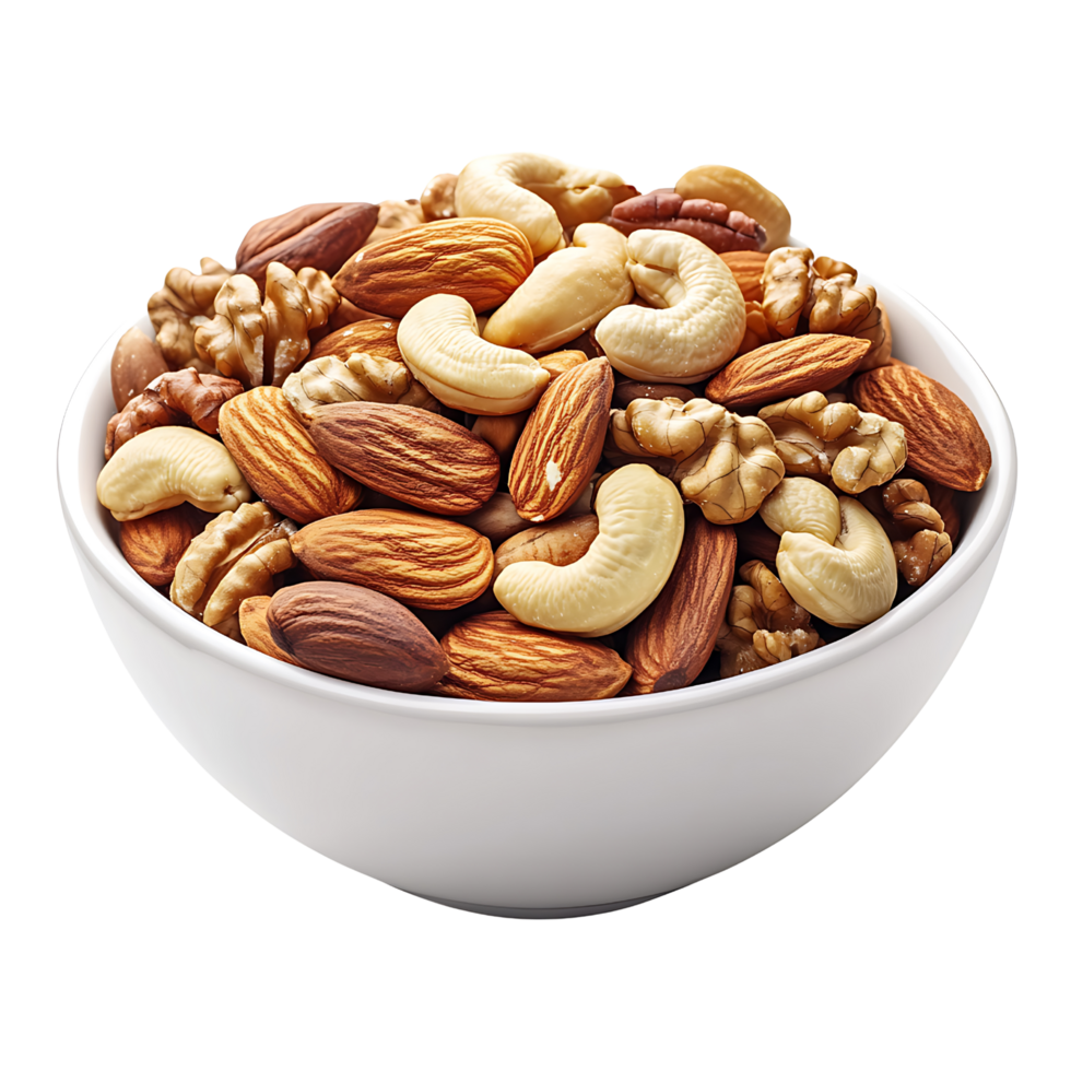 A bowl of mixed nuts including almonds, walnuts, and cashews, isolatedtransparent Background png