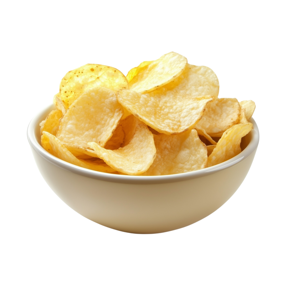 A bowl of golden fried potato chips, isolated on transparent Background png