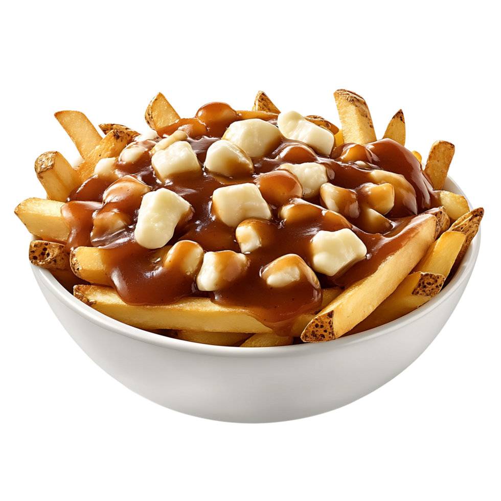 A bowl of poutine with crispy fries and rich gravy, isolated on transparent Background png