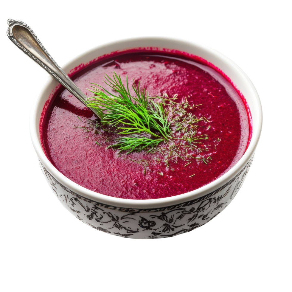 Beetroot soup served in bowl with fresh garnish and spoon arranged neatly Isolated on transparent Background png