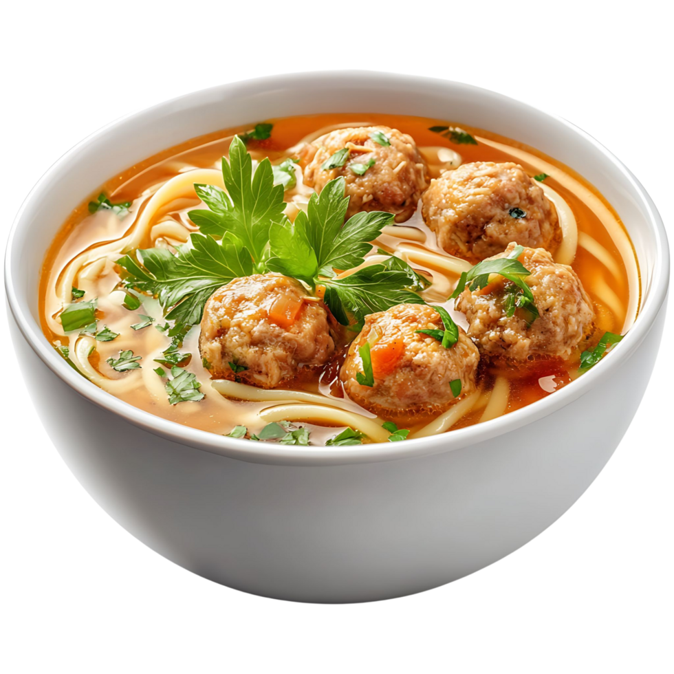 A bowl of homemade chicken noodle soup with meatballs and fresh herbs, isolated on transparent background png