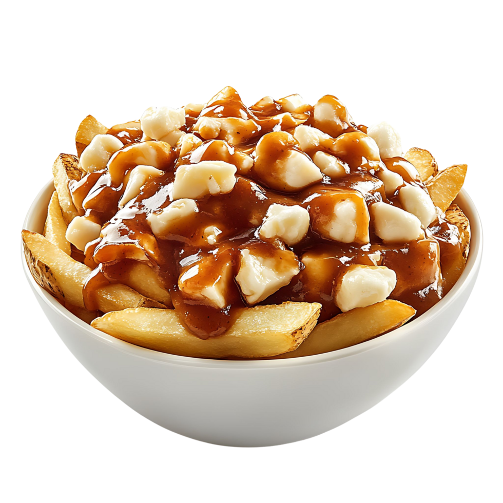 A bowl of poutine with cheese curds and crispy fries, isolated on transparent Background png