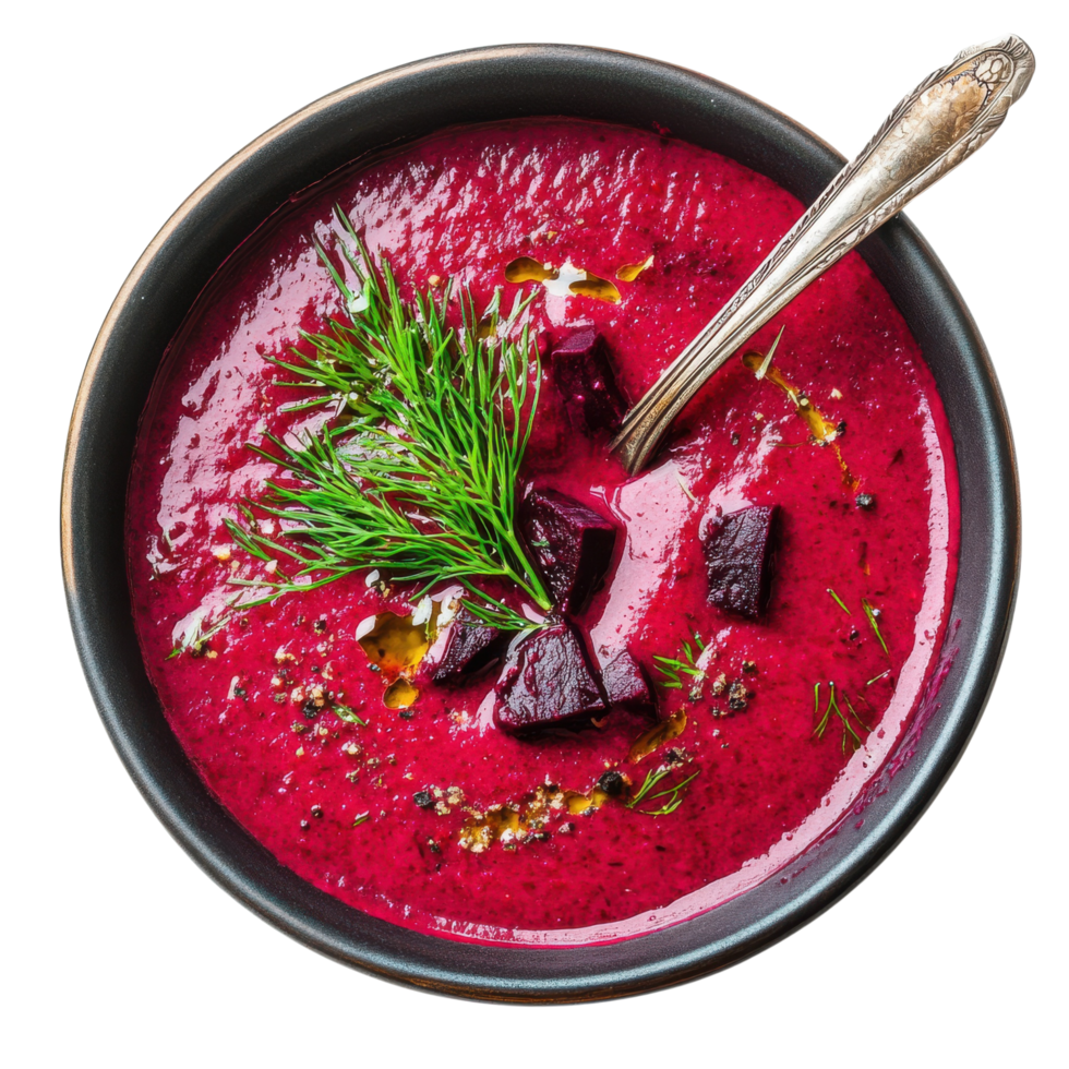 Hearty beetroot soup with dill in bowl and spoon on side Isolated on transparent Background png