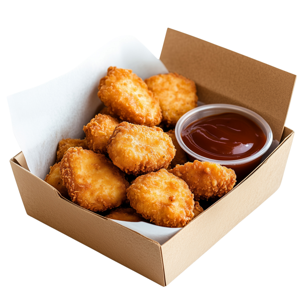 Crispy fried chicken nuggets and sauce in a takeout box Isolated on transparent Background png