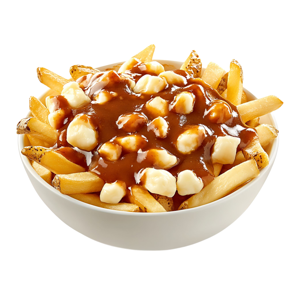 A bowl of poutine with crispy fries, cheese curds, and gravy, isolated on transparent Background png