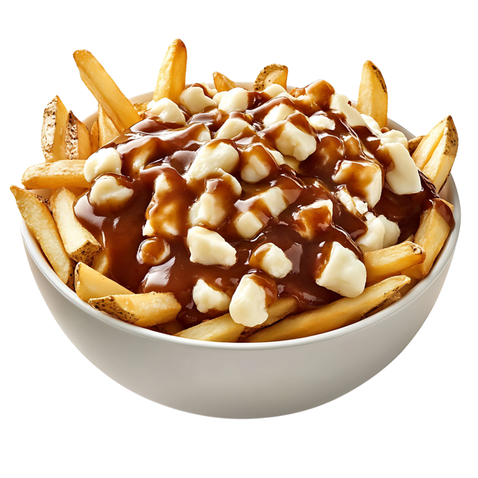A bowl of cheesy poutine with crispy fries and gravy, isolated on transparent Background png