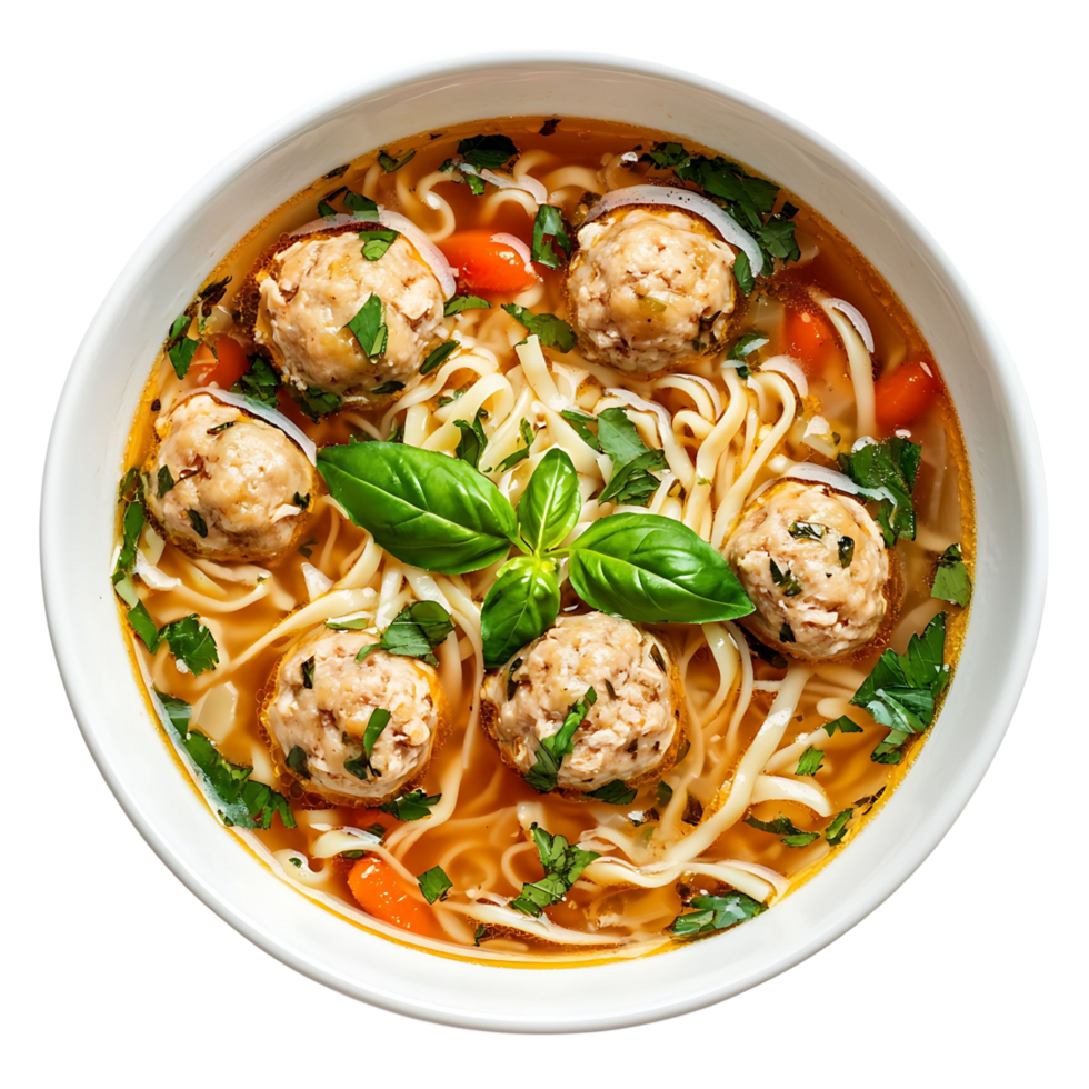 A bowl of comforting chicken noodle soup with meatballs and herbs, isolated on transparent background png
