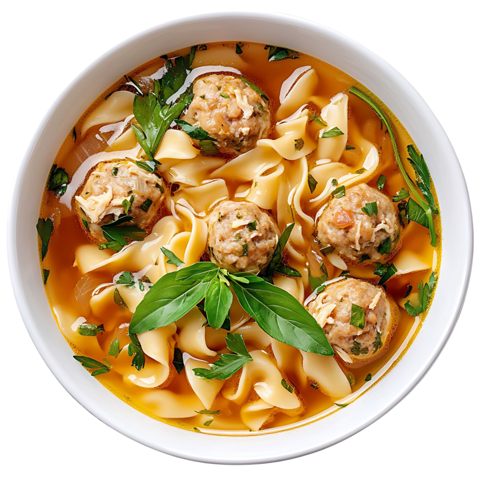A bowl of savory chicken noodle soup with meatballs, garnished with fresh herbs, isolated on transparent background png