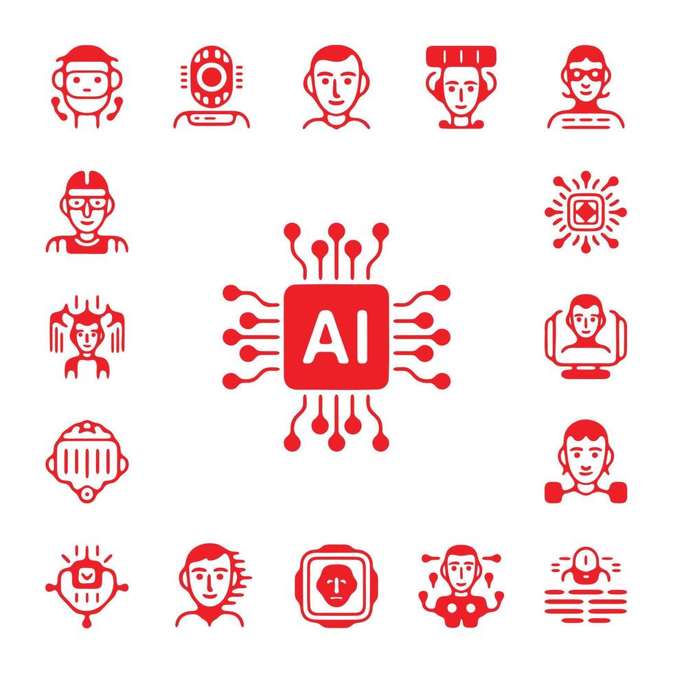 Red AI Technology Icons Set for Modern Design vector