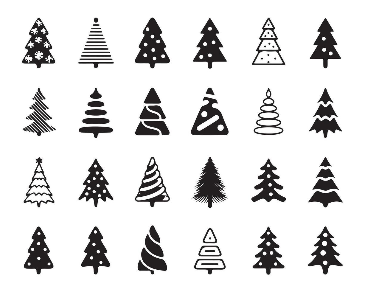 Set of 16 Black and White Christmas Tree Icons vector