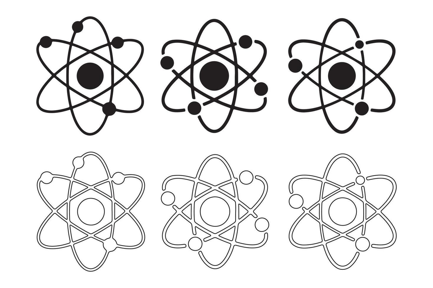 Three variations of a simple atom graphic in black and white. vector