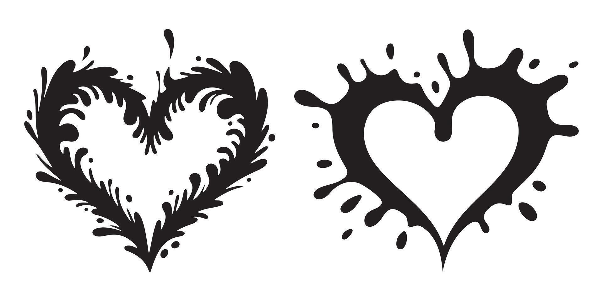Two stylized heart designs, one with flowing, ornate splatters, the other with splatter heart. vector