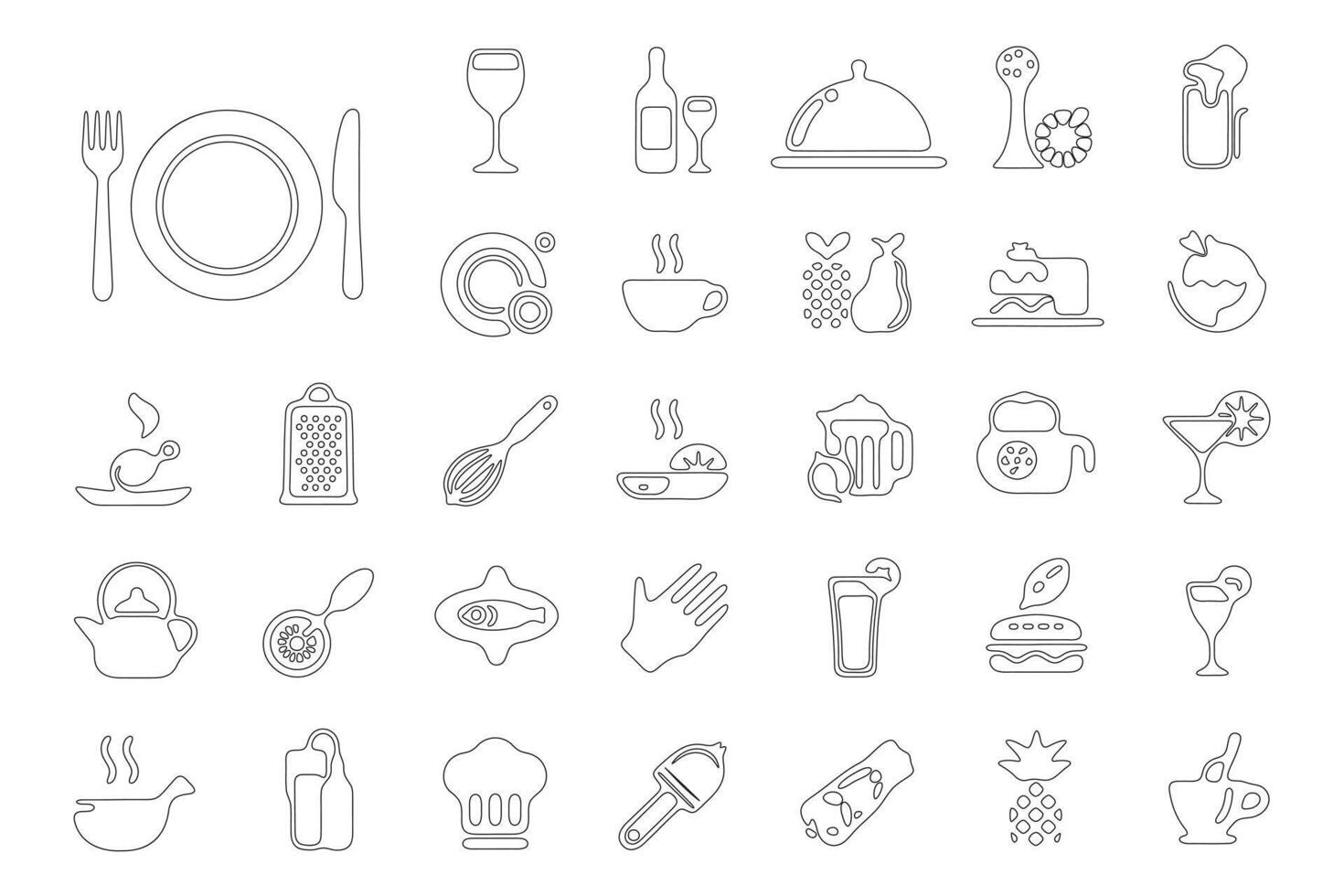 Collection of Simple Line Art Food and Drink Icons vector