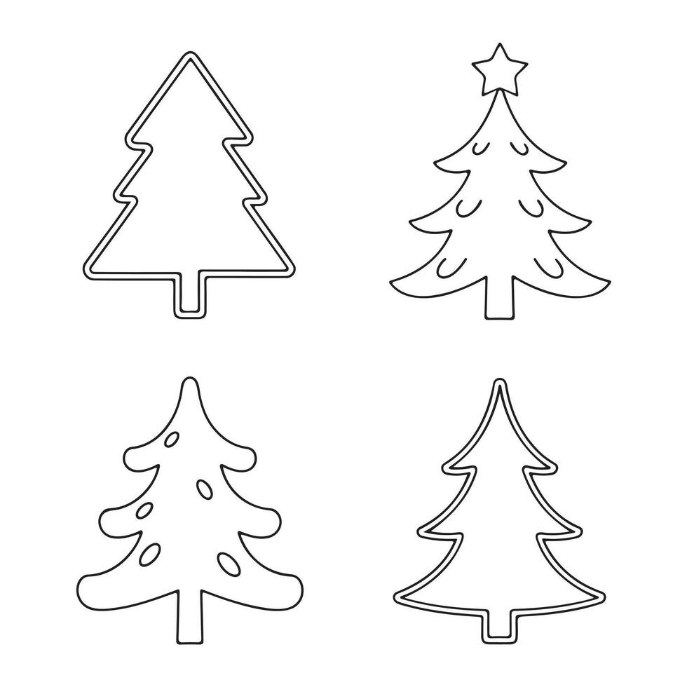 Four Christmas tree cookie cutters in black and white outline. vector