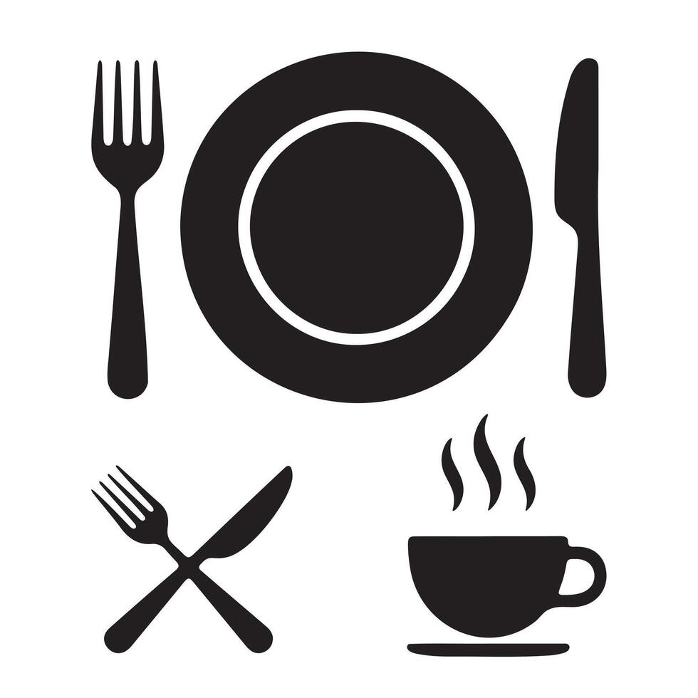 Simple black and white restaurant icons set for food and beverage vector