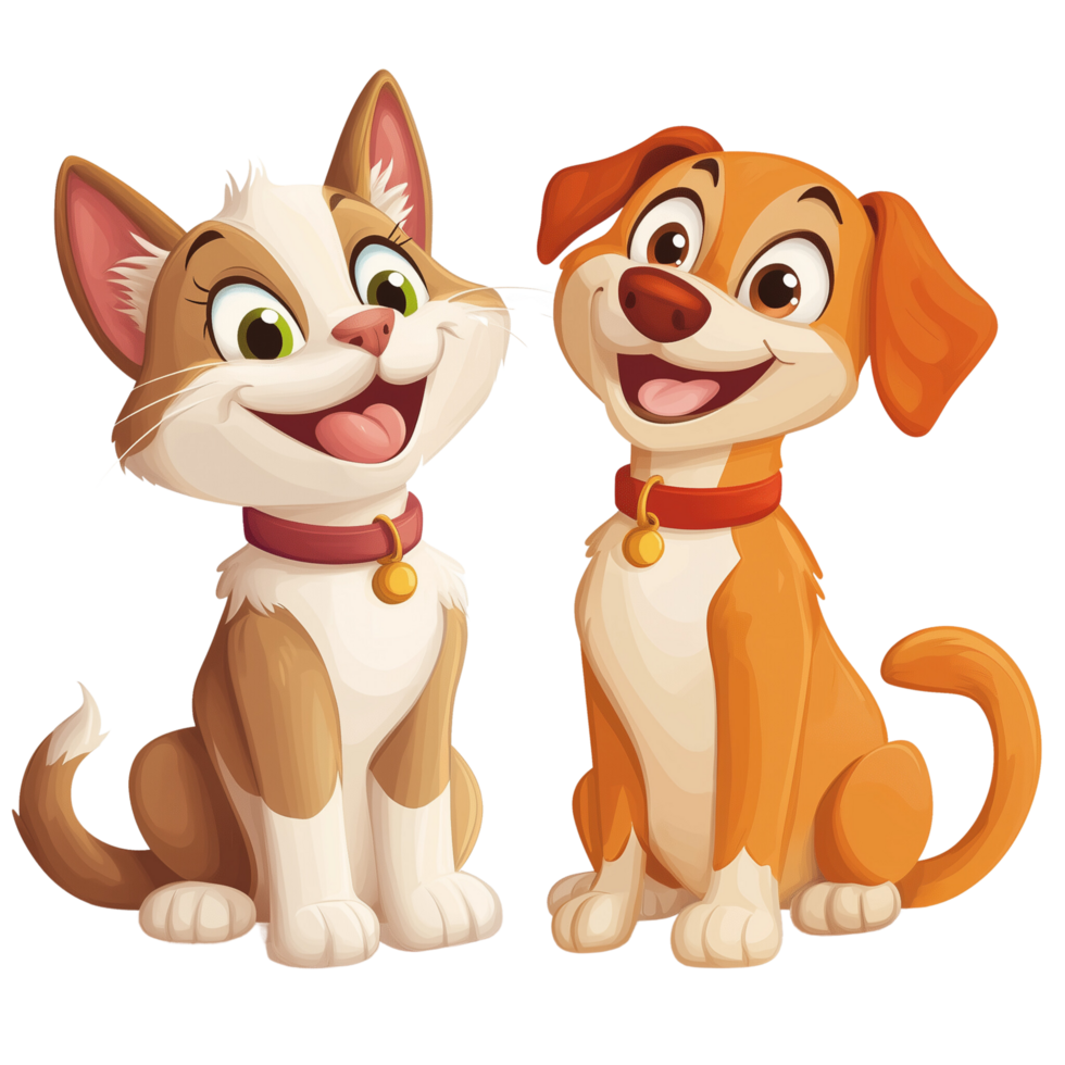 Cartoon animal duo of a smiling cat and dog seated side by side Isolated on transparent Background png