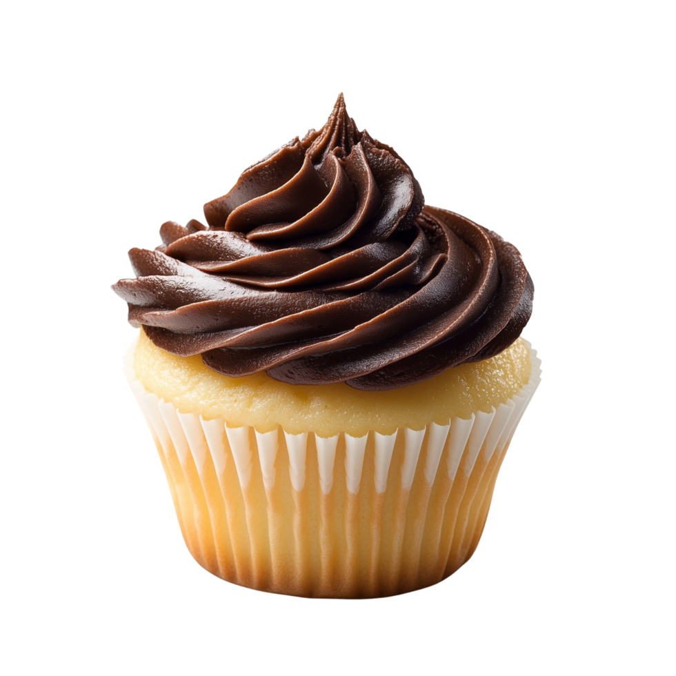 A classic vanilla cupcake topped with chocolate frosting, perfect for any celebration, Isolated on transparent Background png