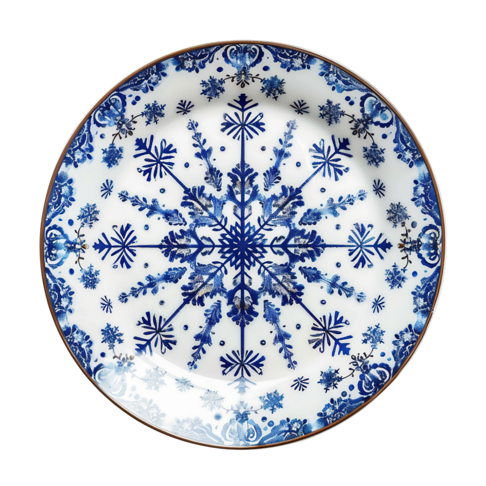 A Christmas plate set with delicate snowflake patterns, isolated on transparent background png