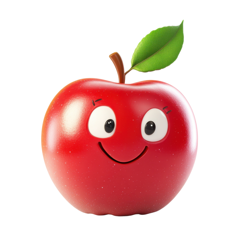 Fun and friendly 3D apple character with leaf and shiny finish Isolated on transparent Background png
