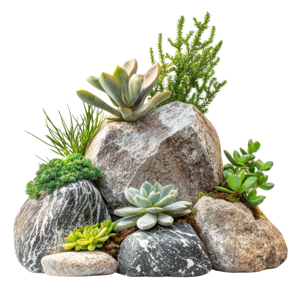 A curated set of natural garden rocks with succulents and foliage Isolated on transparent Background png