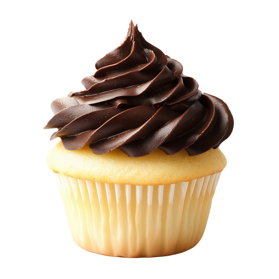 A delectable classic vanilla cupcake with chocolate frosting, great for sweet tooth cravings, Isolated on transparent Background png