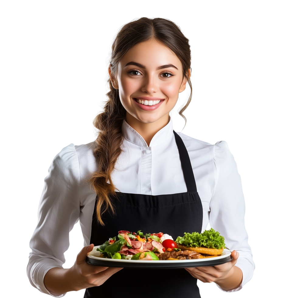 A smiling waitress holding a food tray and offering great service, isolated on transparent Background png